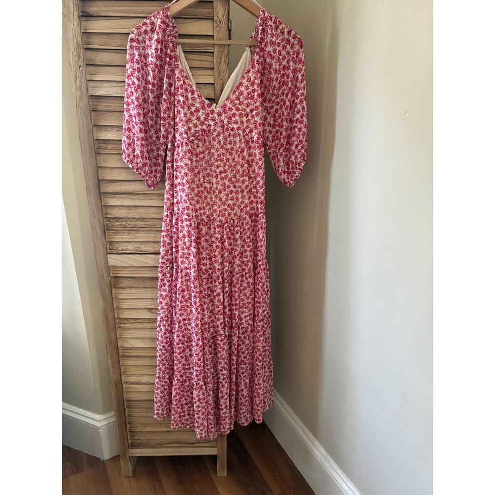 Melloday Pink Floral Garden V-Neck Tiered Midi Dress Puff Sleeve Tie Back Small